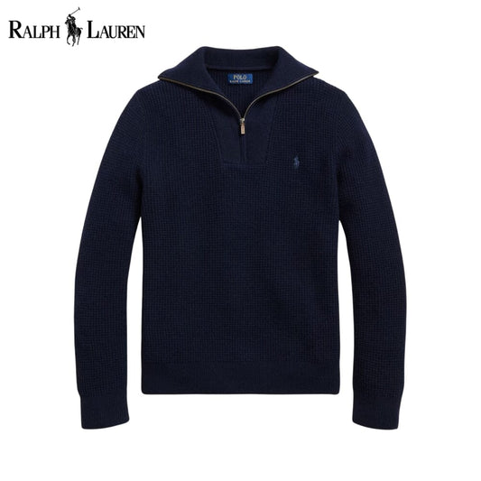 RL Pull  en laine et coton à maille gaufrée et fermeture éclair au quart